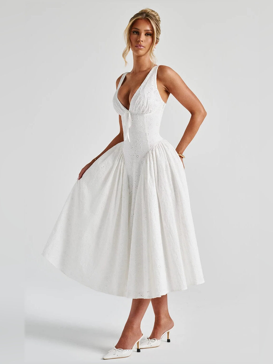 Ivory midi formal dress, alternate view showing the skirt