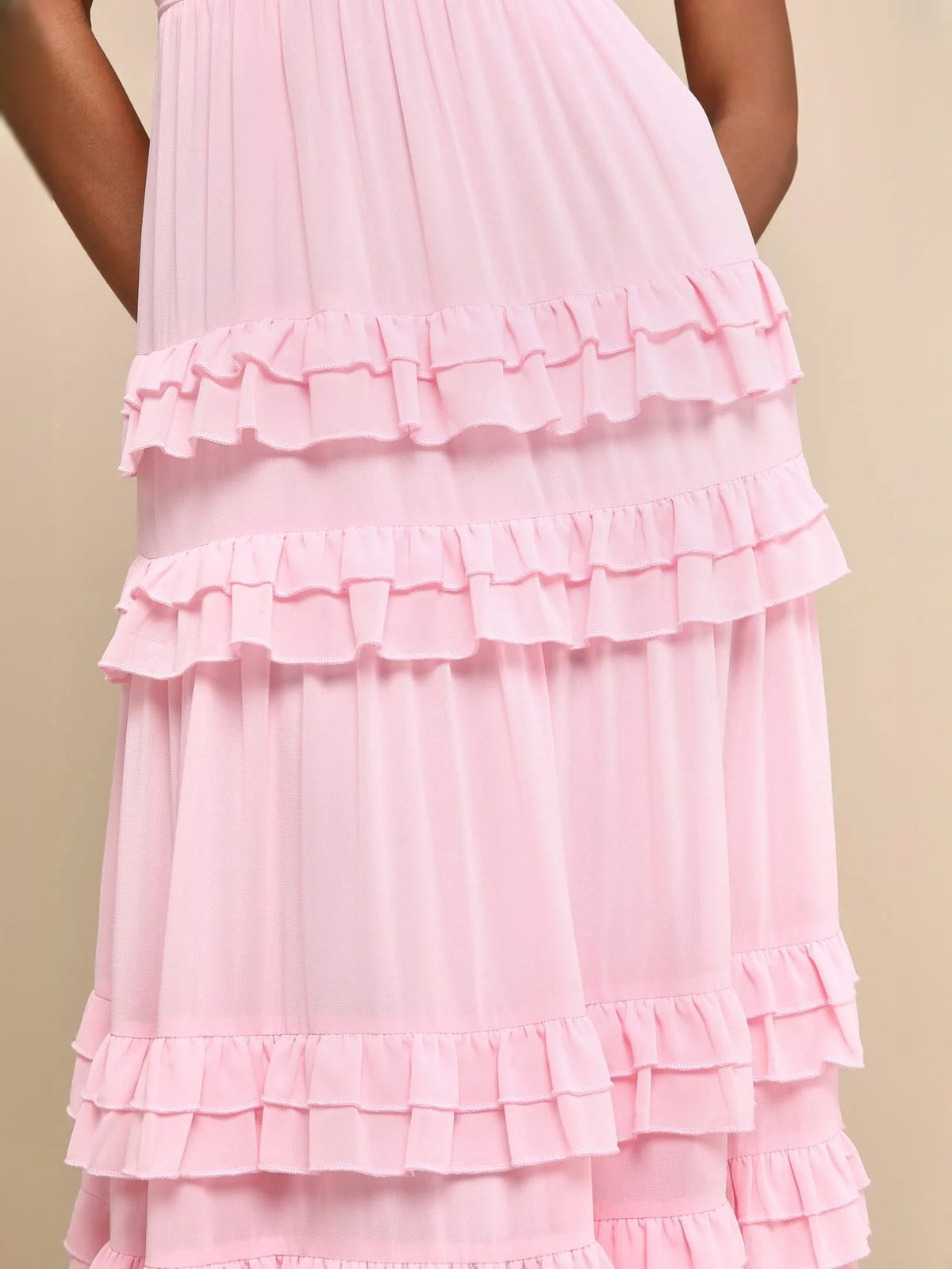 Light Pink maxi bridesmaid dress, alternate view showing the skirt and hem