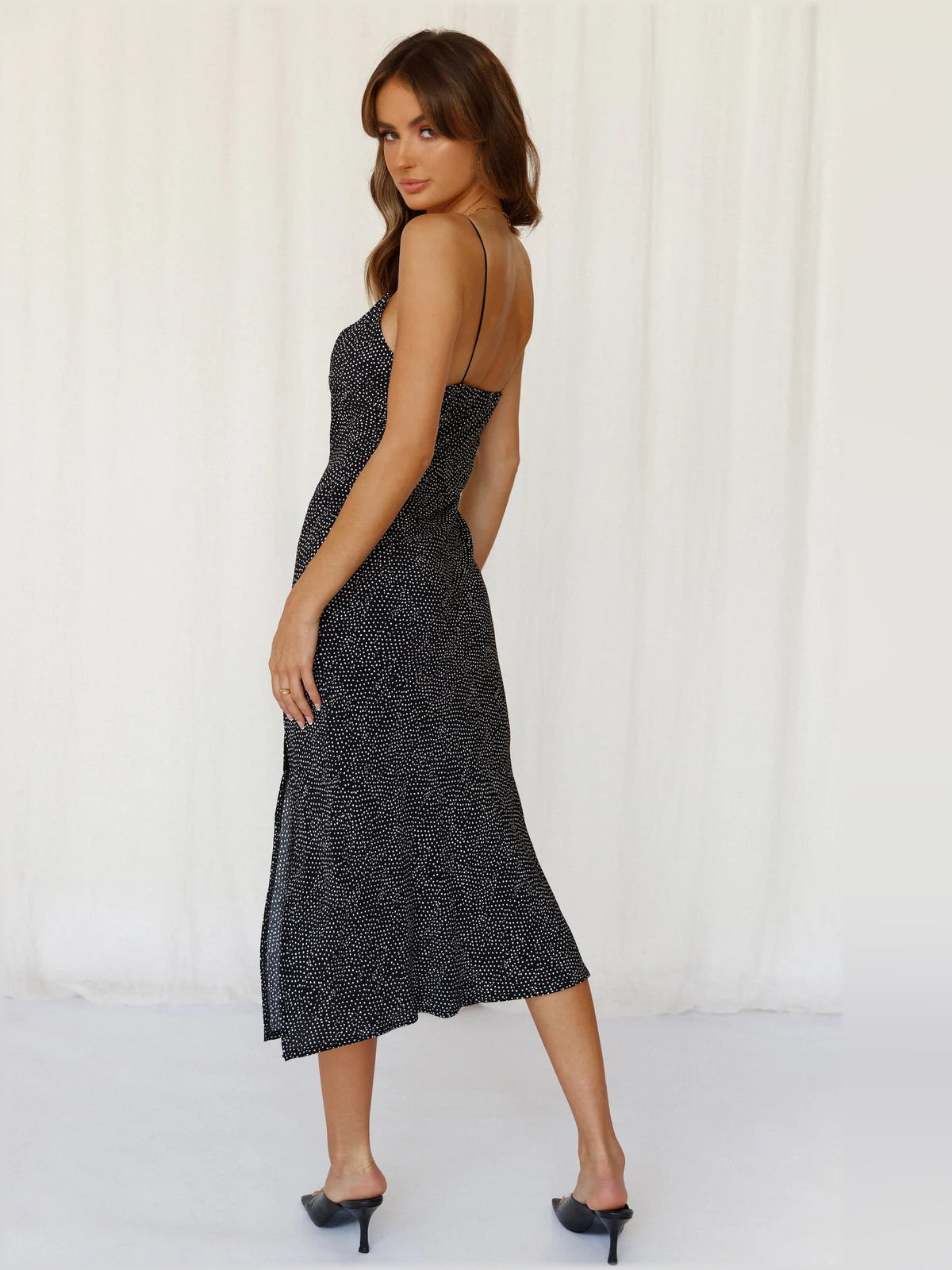 Black midi formal dress, alternate view showing the skirt