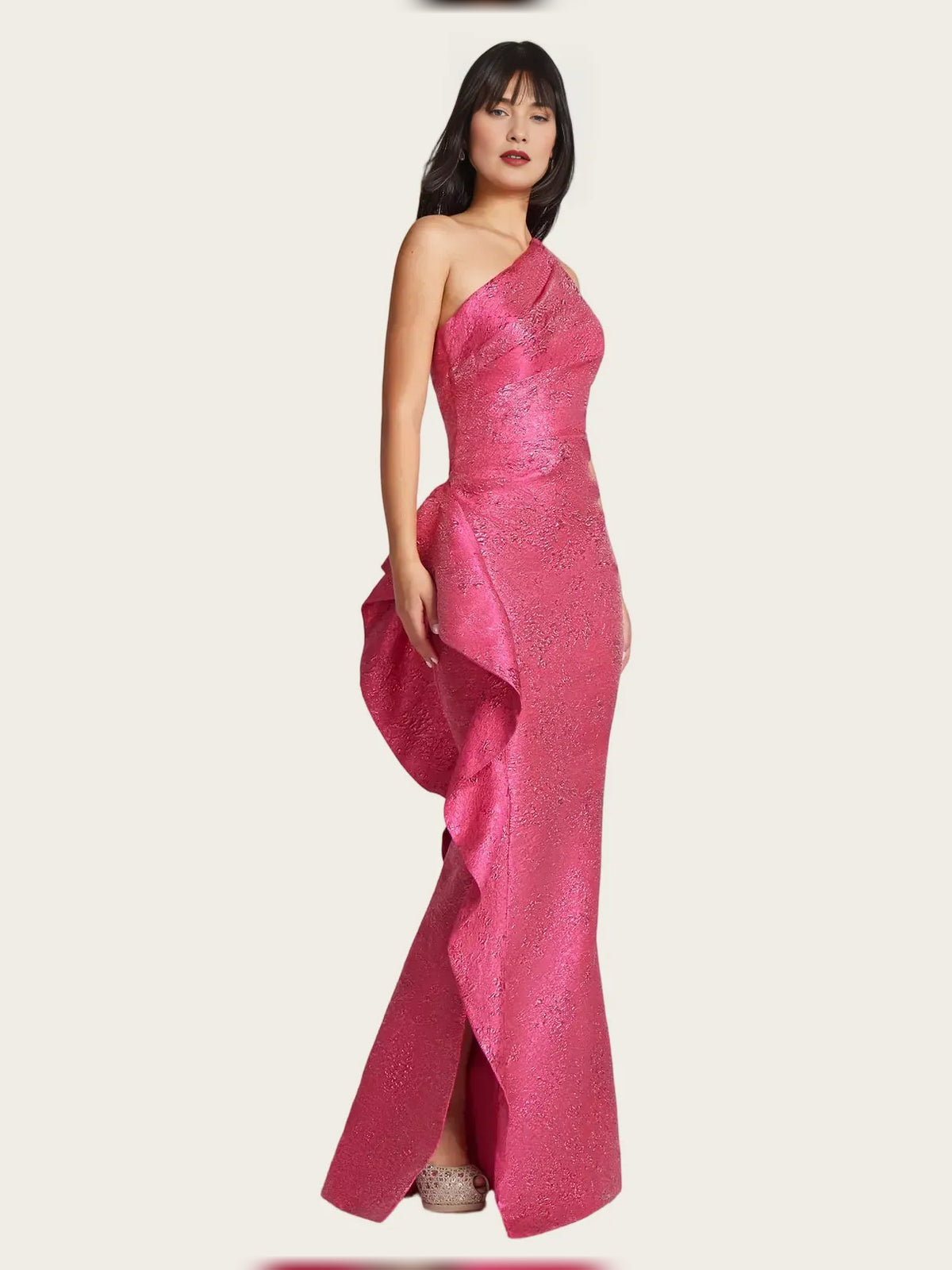 Hot Pink maxi mother of the bride dress, alternate view showing the skirt and hem