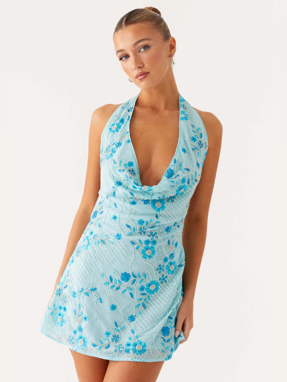 Blue mini homecoming dress, alternate view showing the skirt and hem