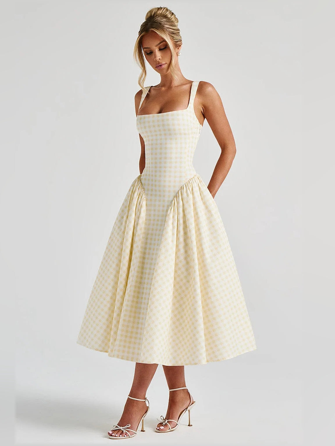 Lemon Gingham midi formal dress, alternate view showing the skirt