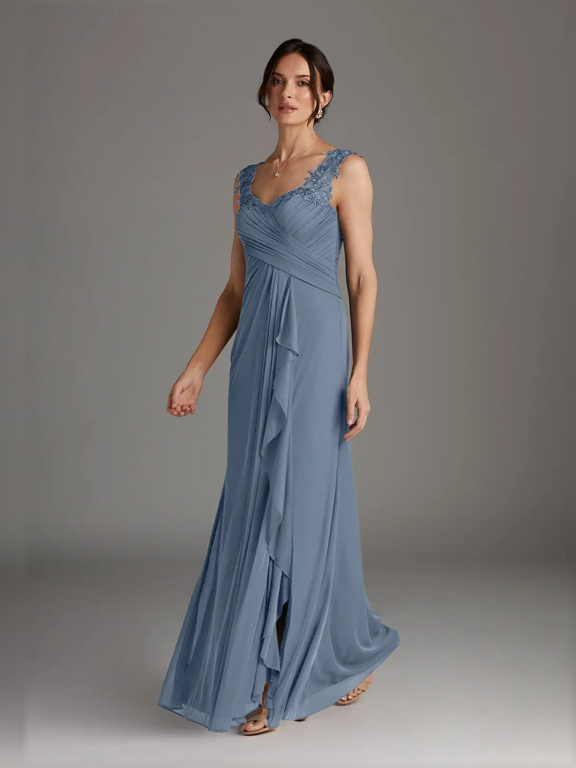 Dusty Blue maxi mother of the bride dress, alternate view showing the skirt and hem
