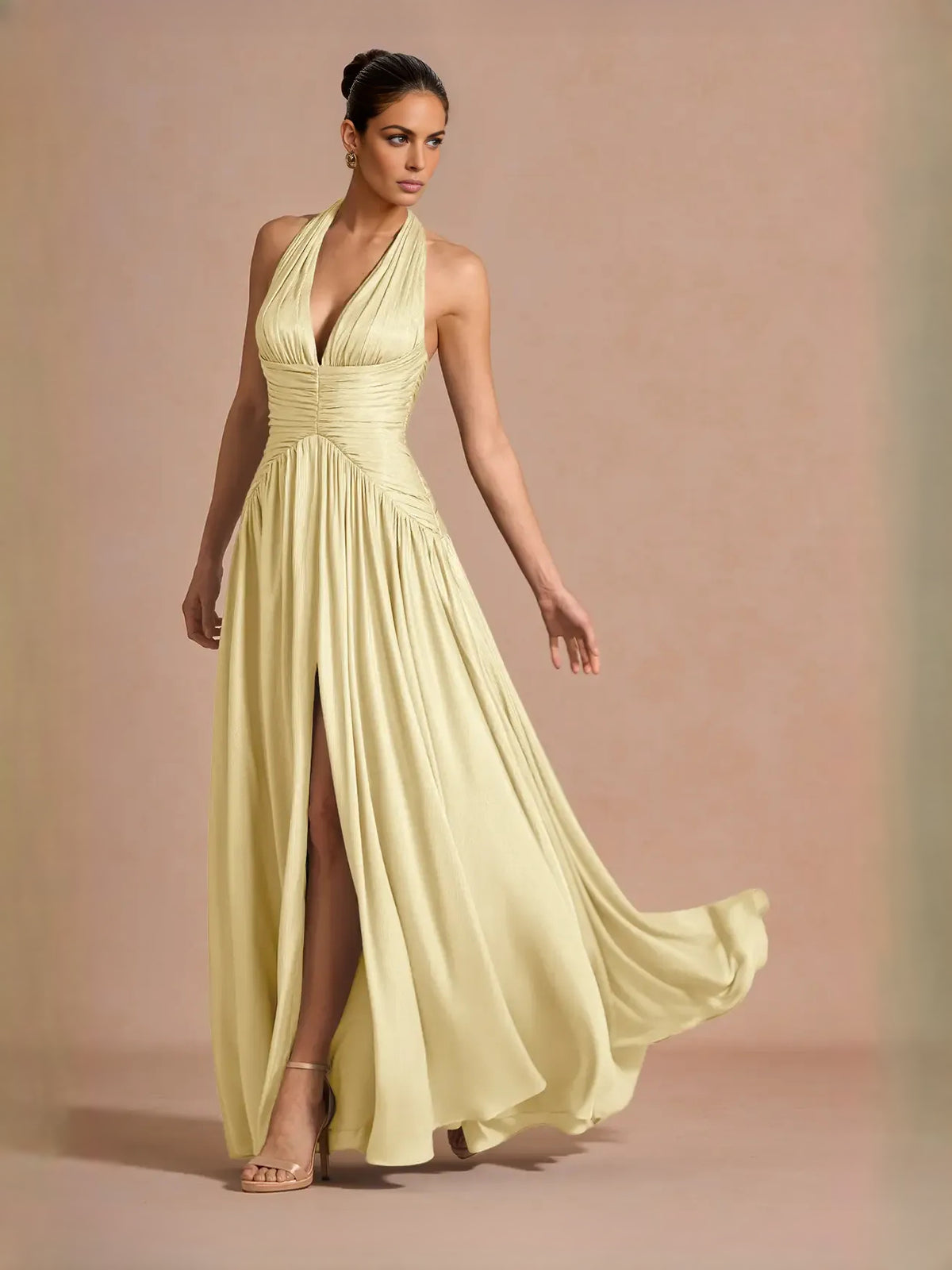 Pale Lemon maxi prom dress, alternate view showing the skirt and hem