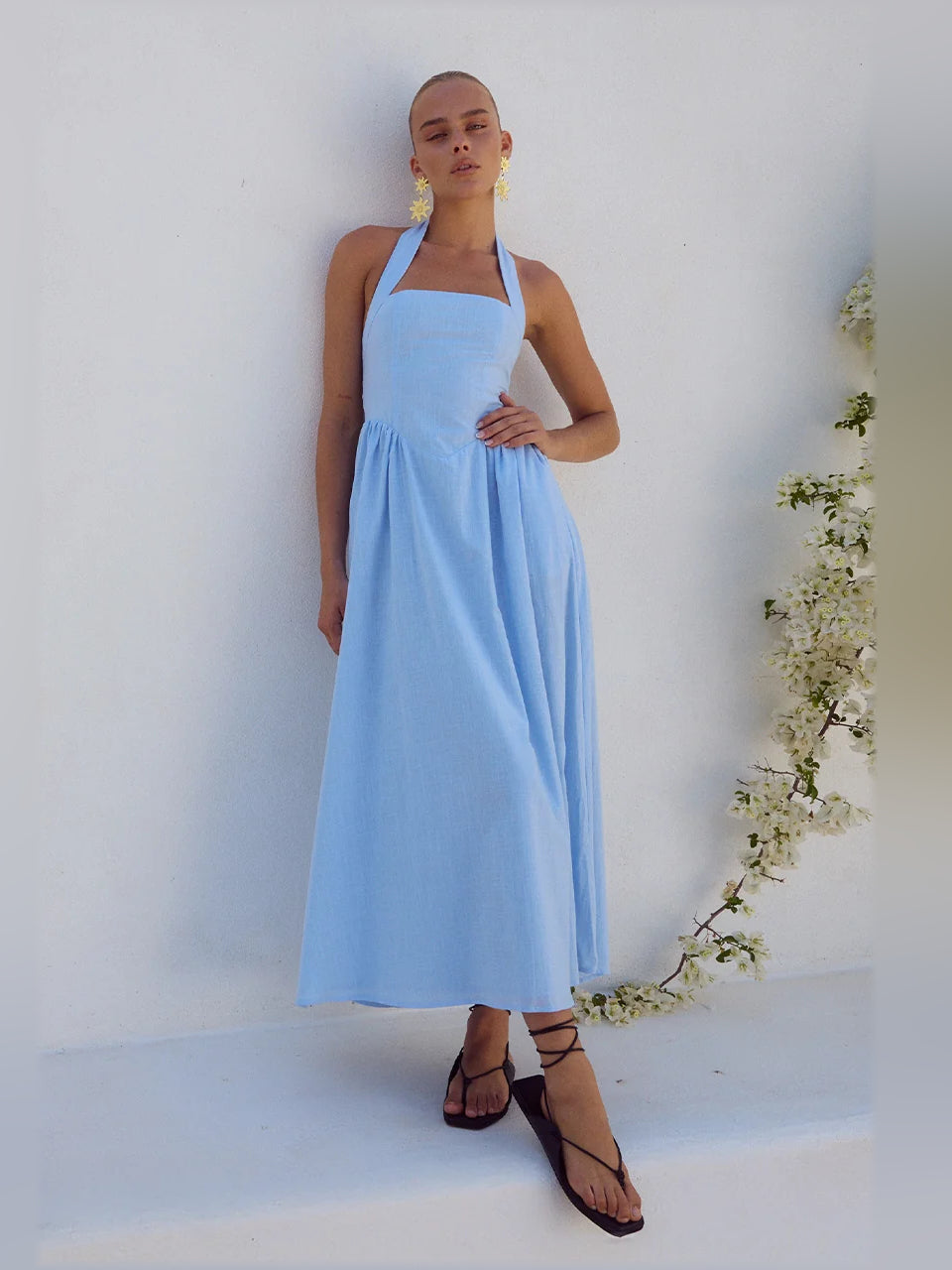 ICE BLUE a-line midi formal dress with halter neckline, alternate view showing the skirt