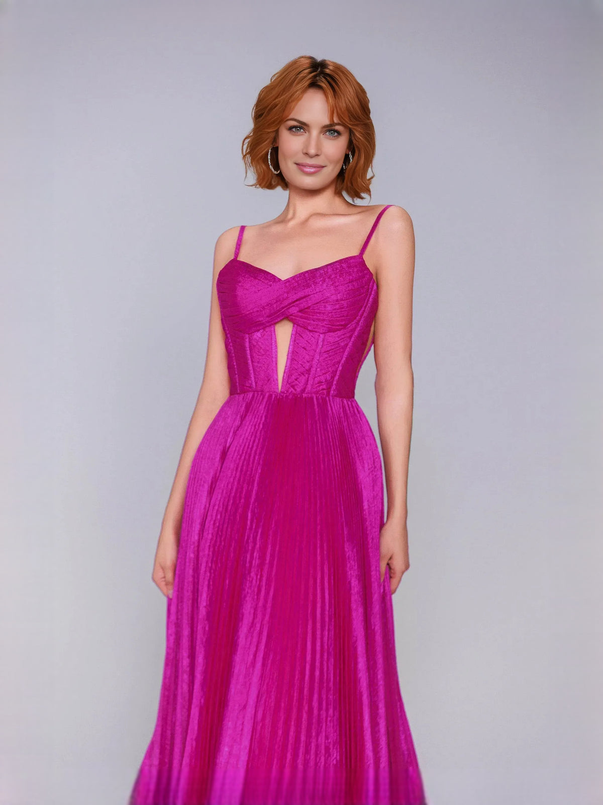 Fuchsia floor-length prom dress, alternate view showing the skirt and hem