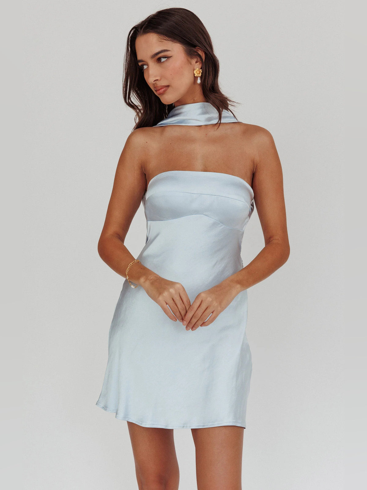 Blue mini homecoming dress, alternate view showing the skirt and hem