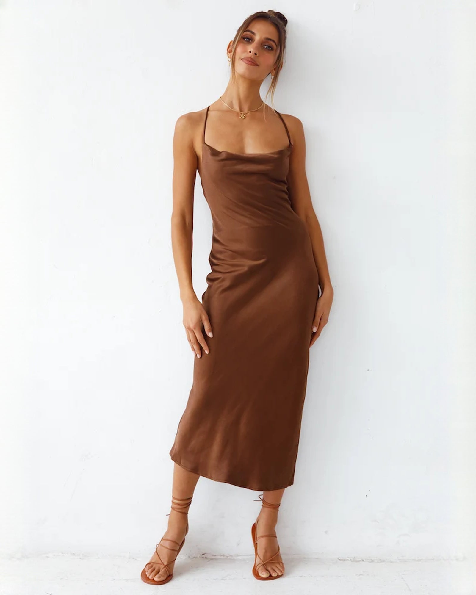 sleeveless satin a-line maxi bridesmaid dress - image 5
