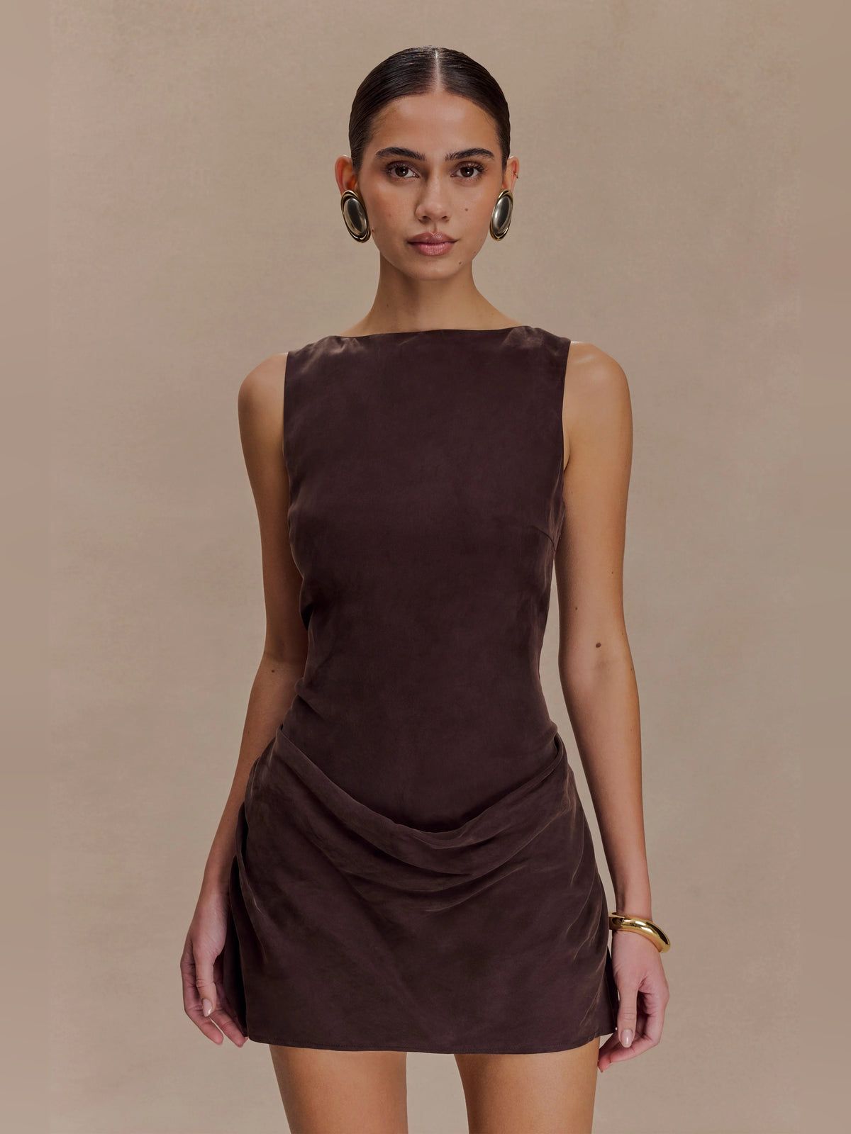 Chocolate mini homecoming dress, alternate view showing the skirt and hem