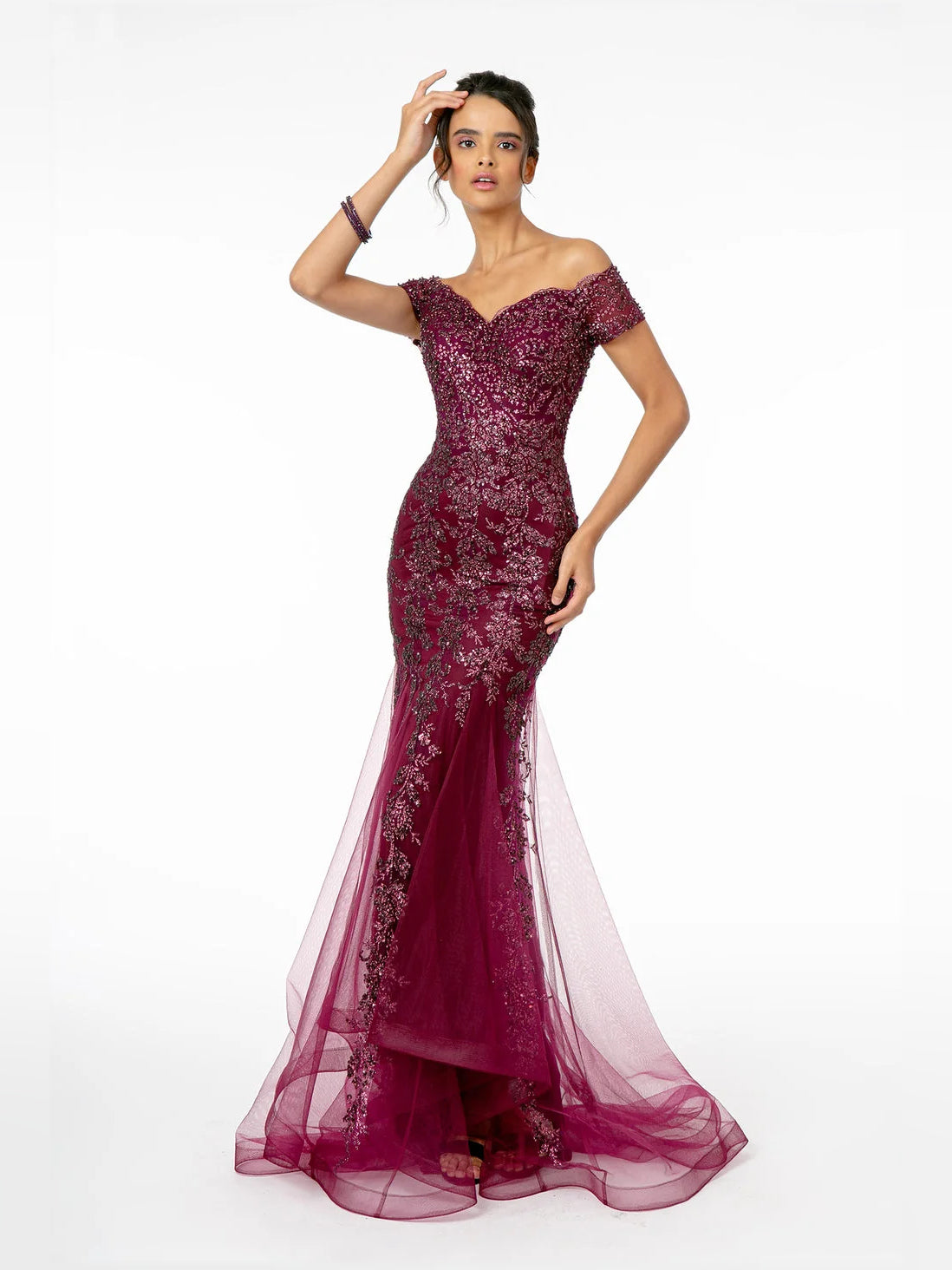Wine floor-length prom dress, alternate view showing the skirt and hem