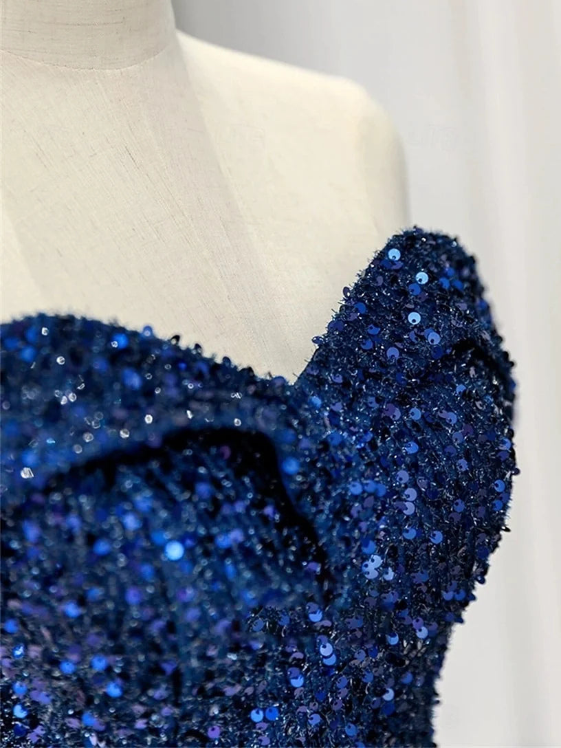 Navy floor-length prom dress, alternate view showing the skirt and hem