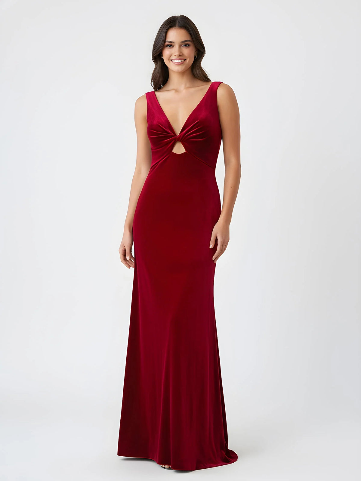Burgundy mermaid floor-length formal dress with cutout detail, alternate view