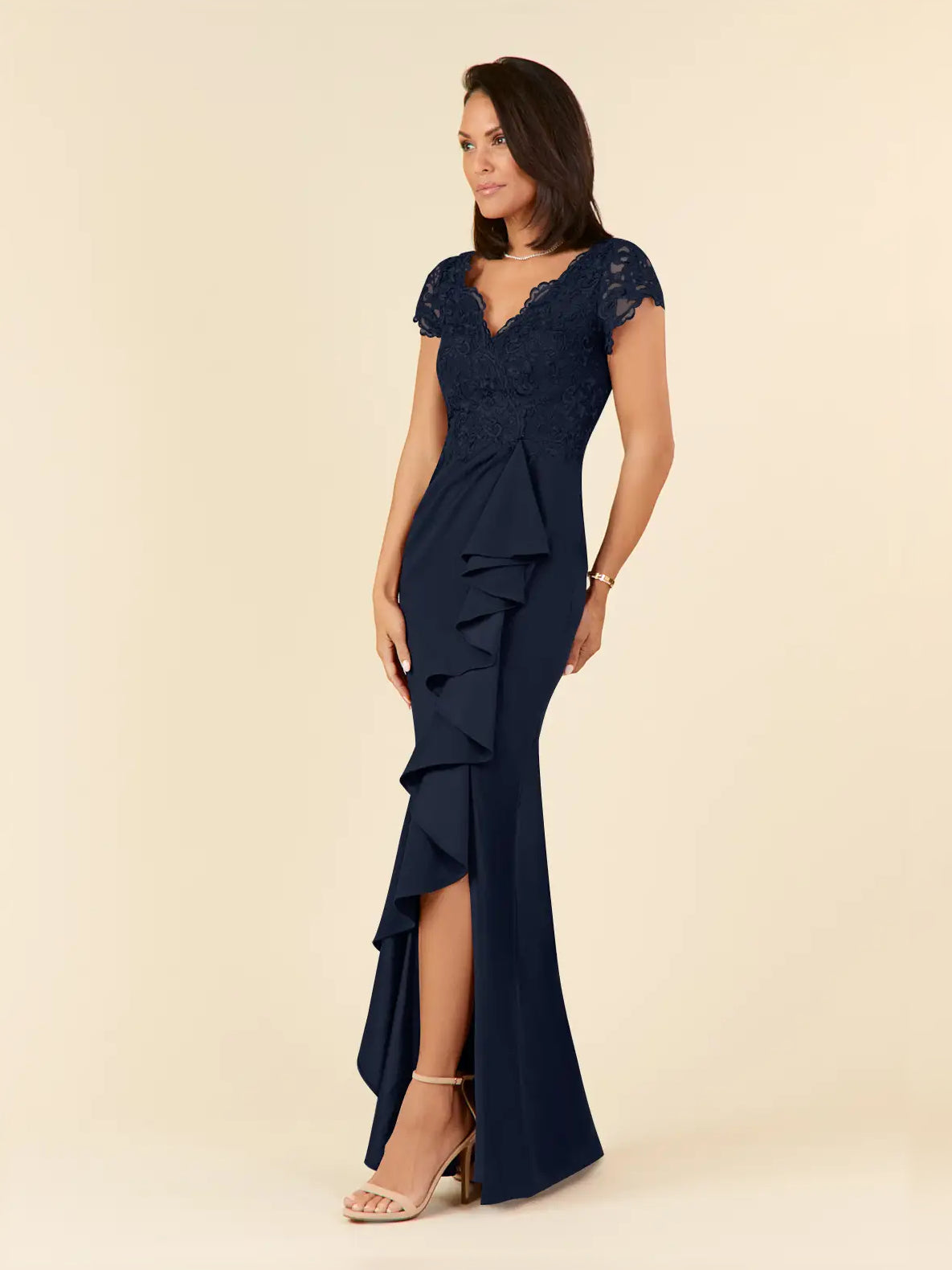 Dark Navy short mother of the bride dress, alternate view showing the skirt and hem