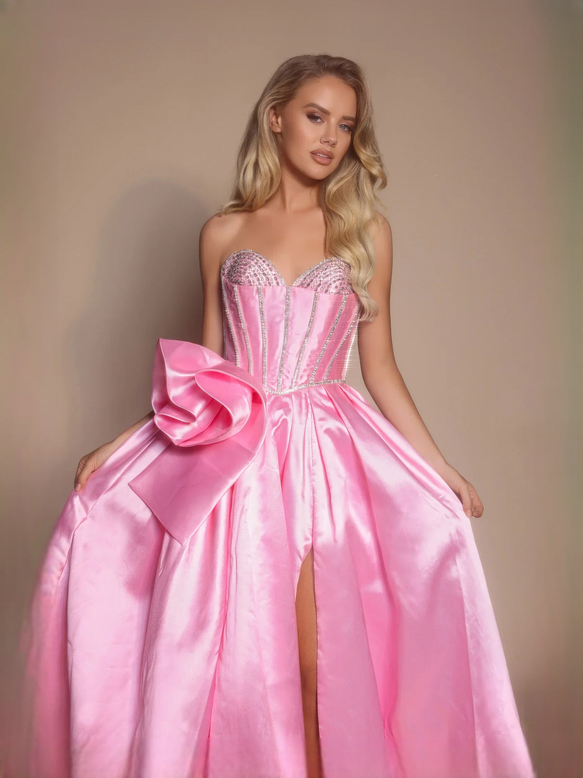 Pink floor-length prom dress, alternate view showing the skirt and hem