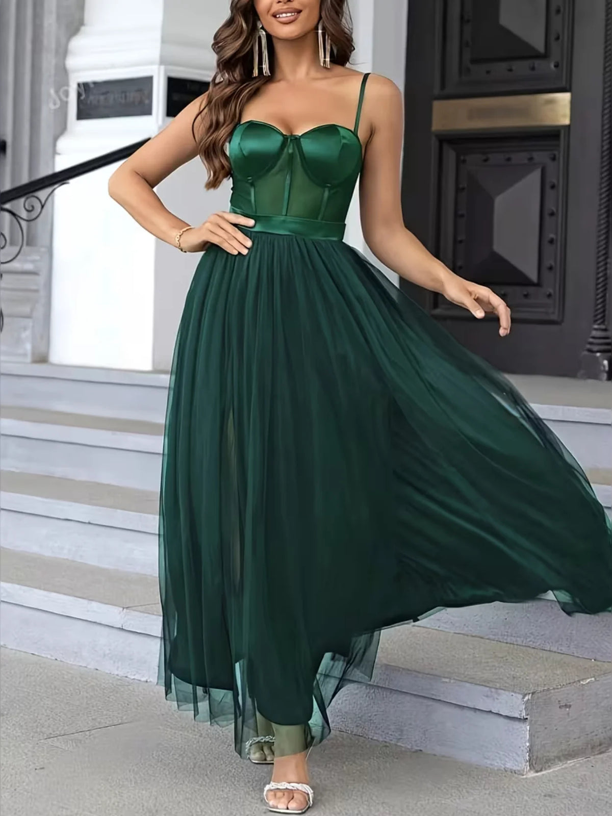 Dark Green maxi prom dress, alternate view showing the skirt and hem