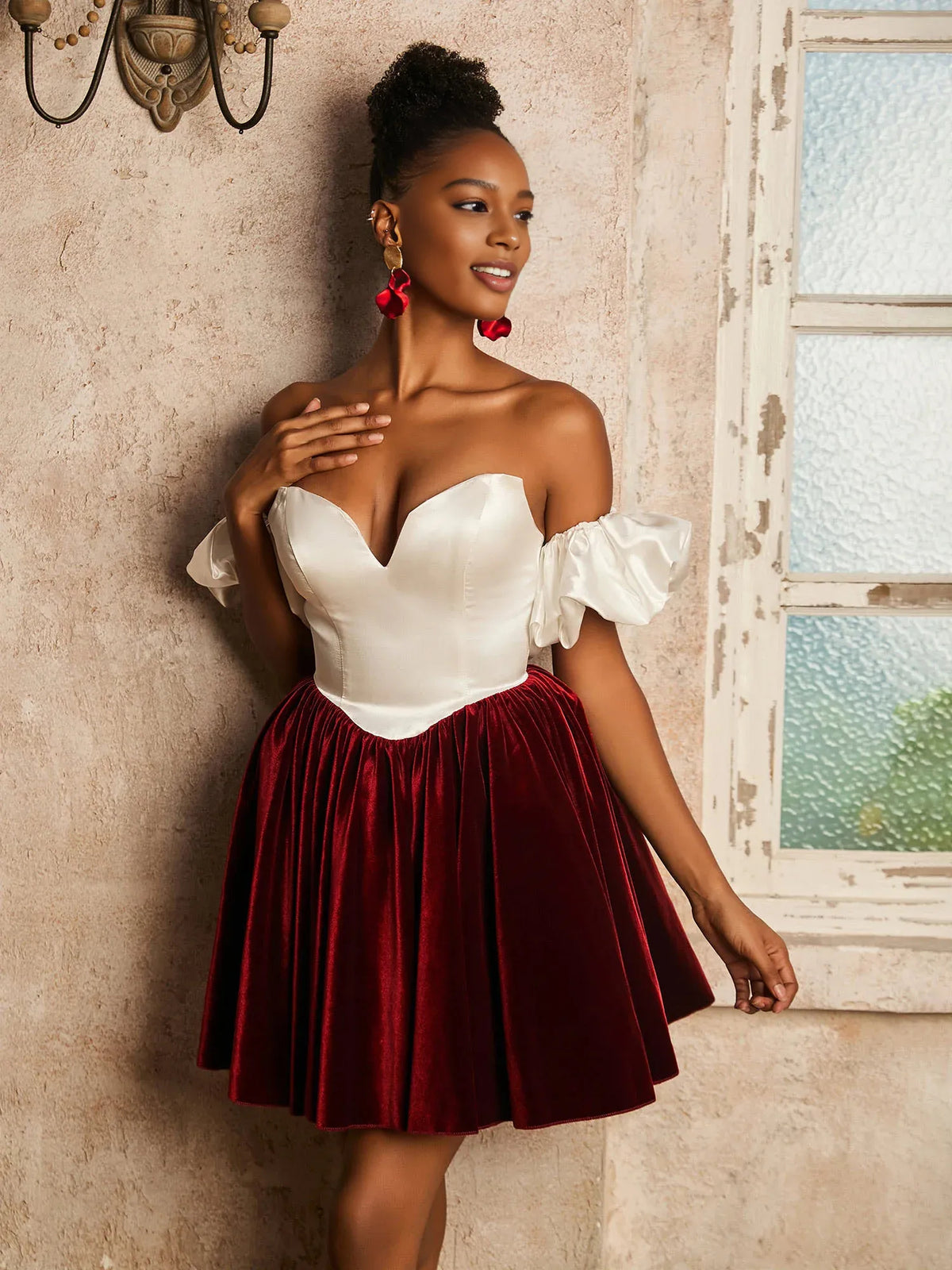 Burgundy mini homecoming dress, alternate view showing the skirt and hem