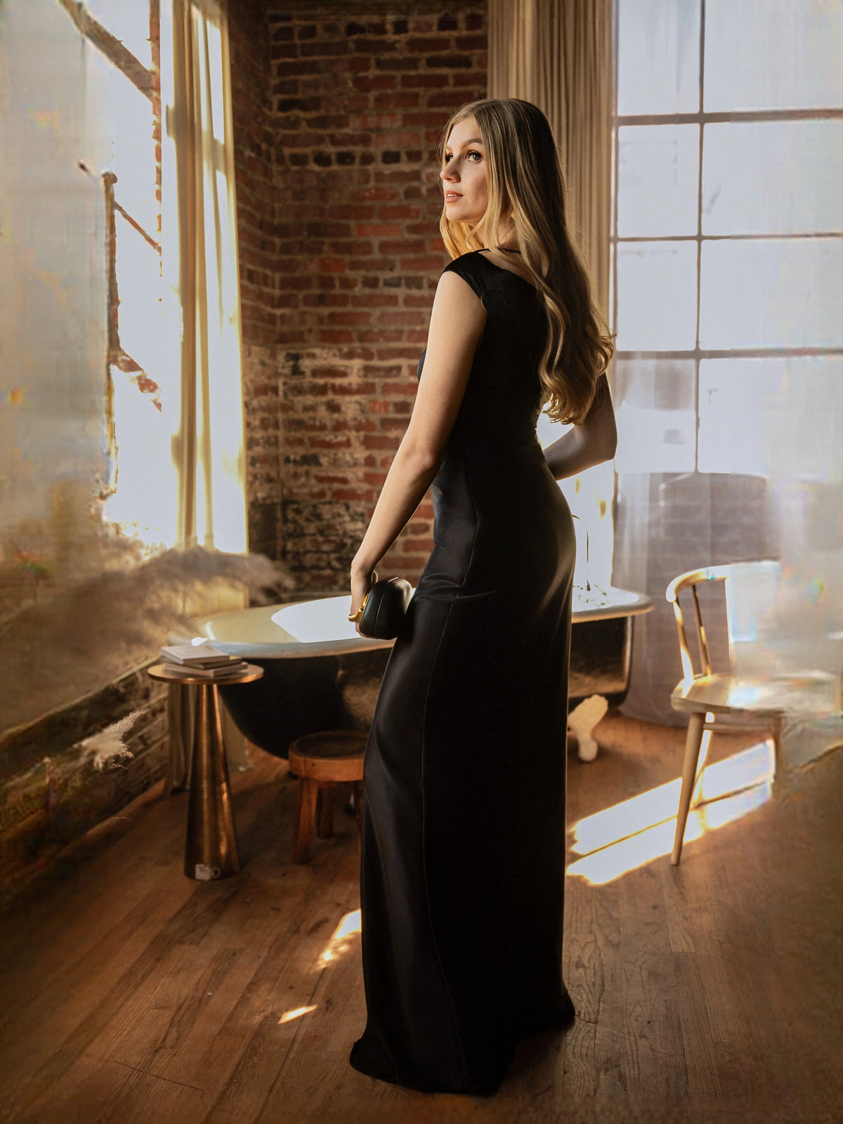 Navy maxi prom dress, alternate view showing the skirt and hem