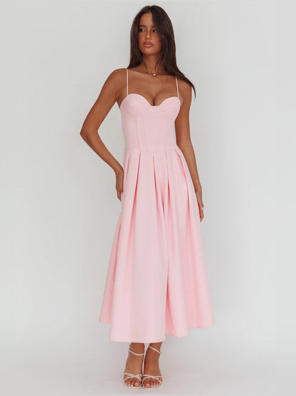 Pink midi formal dress with pleated skirt, alternate view showing the skirt