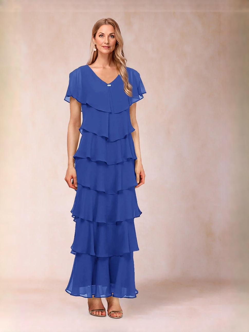 Navy maxi mother of the bride dress, alternate view showing the skirt and hem