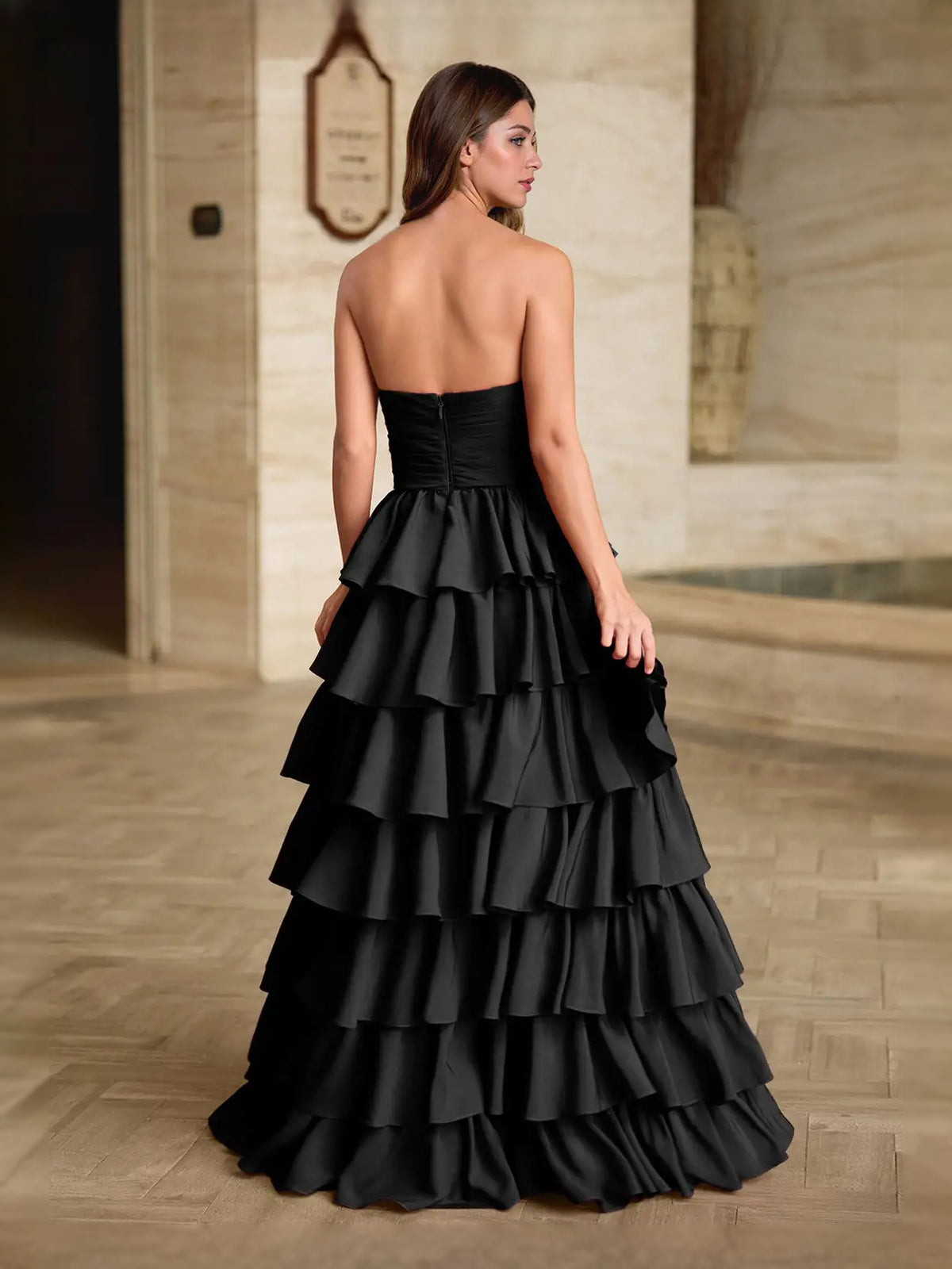 Navy Blue maxi prom dress, alternate view showing the skirt and hem