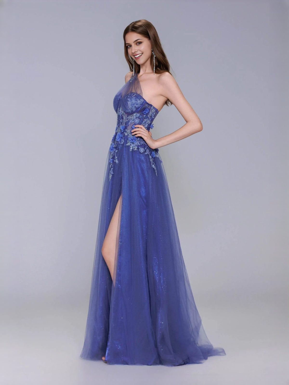Royal Blue floor-length prom dress, alternate view showing the skirt and hem
