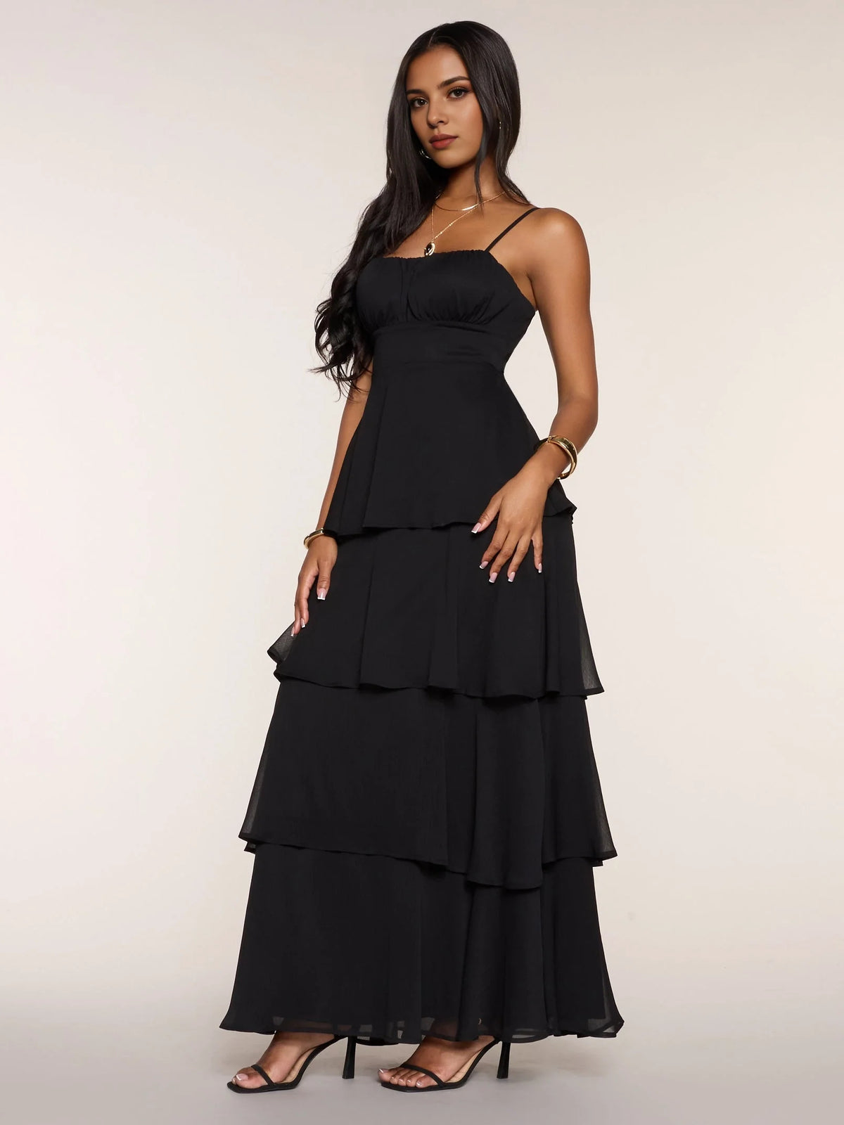 Black floor-length prom dress, alternate view showing the skirt and hem