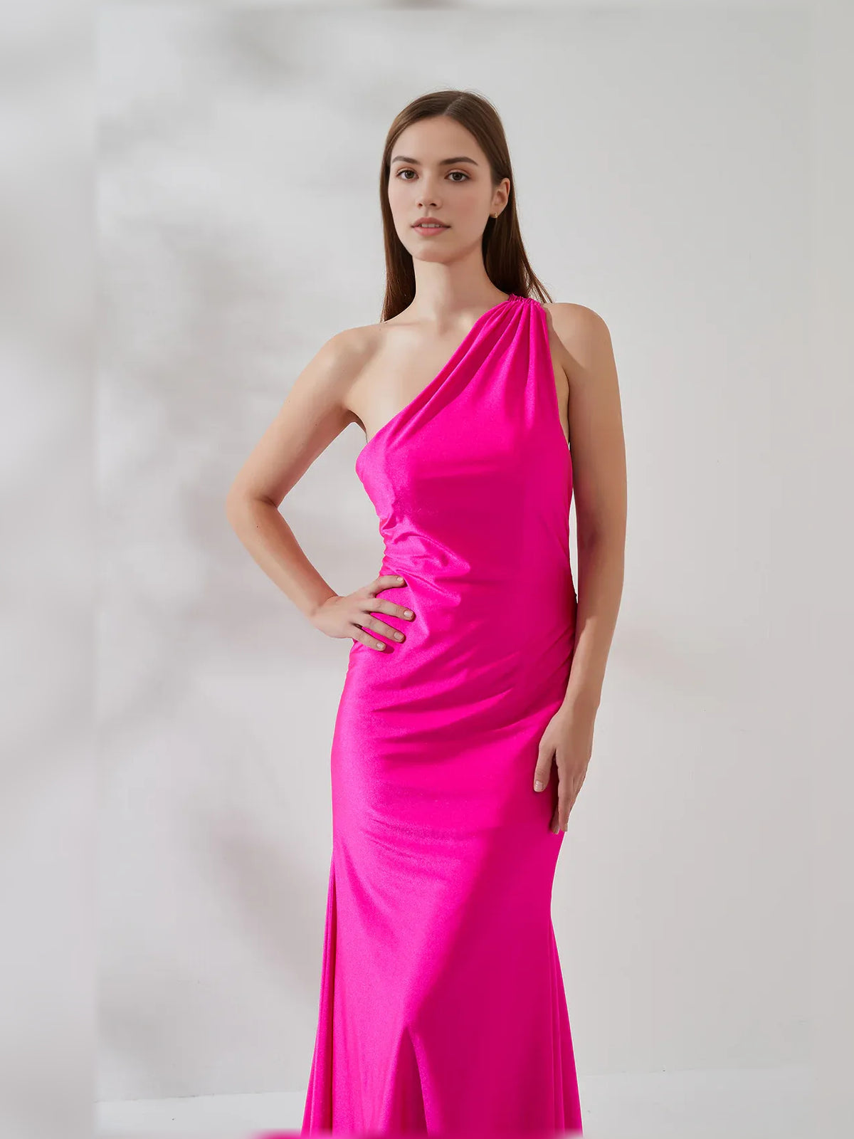 Hot Pink mermaid floor-length formal dress with draping, alternate view showing the skirt