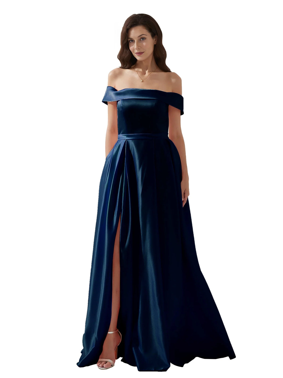 Dark Blue a-line floor-length formal dress with skirt slit, alternate view