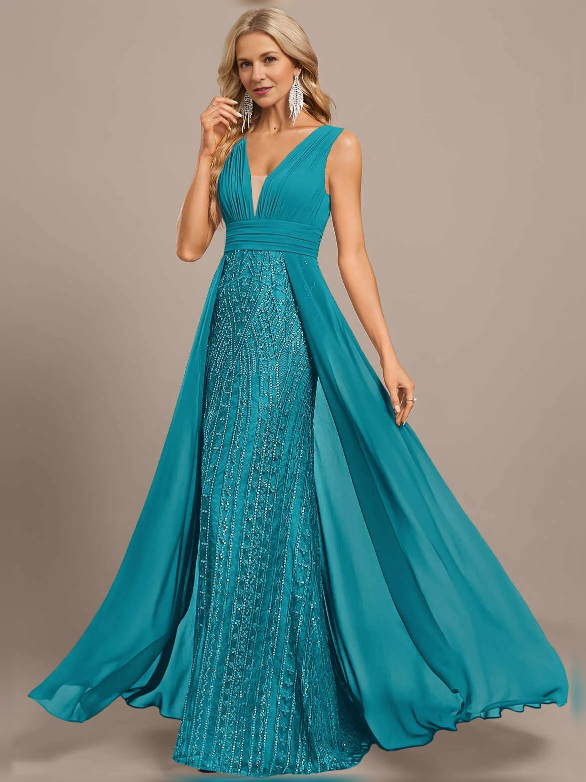 Jungle Green maxi mother of the bride dress, alternate view showing the skirt and hem