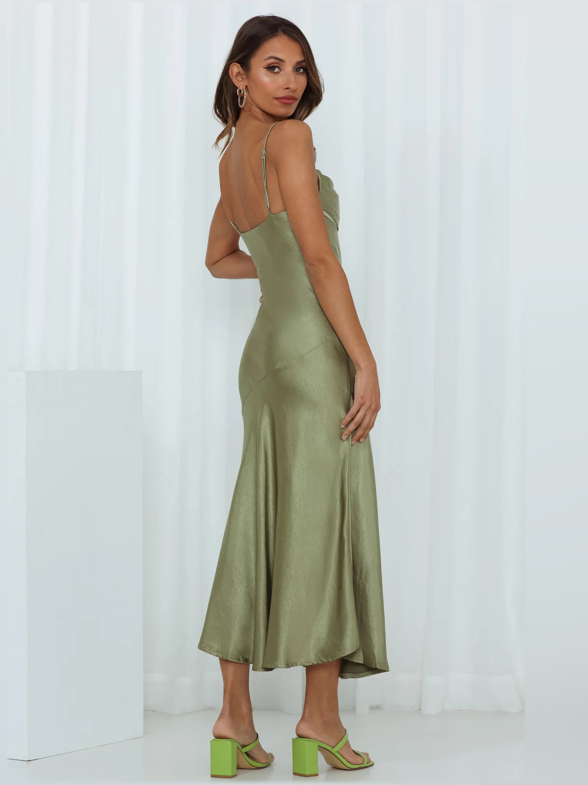 Olive midi formal dress, alternate view showing the skirt