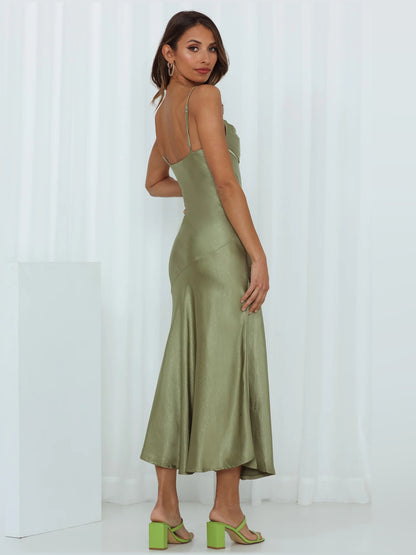 Olive midi formal dress, alternate view showing the skirt
