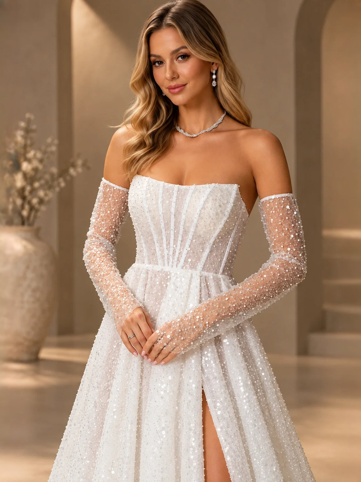 Ivory floor-length wedding dress, alternate view showing the skirt and hem