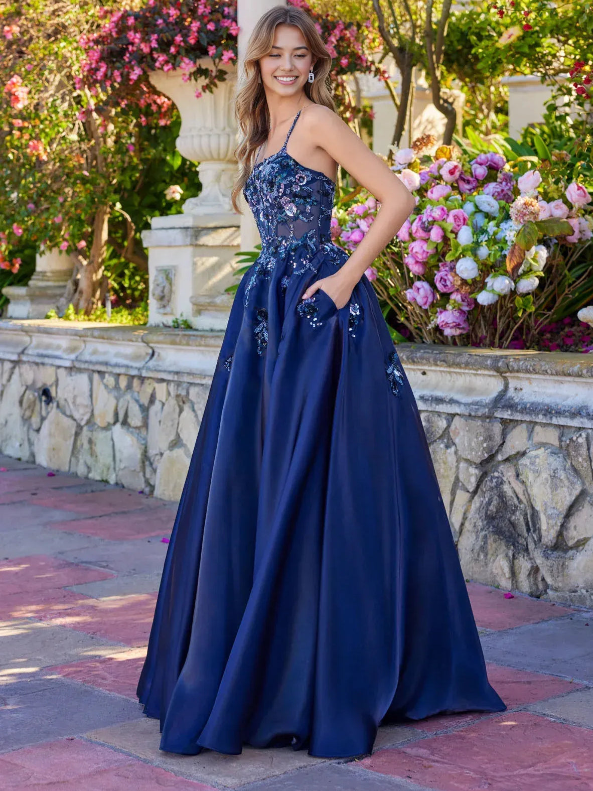 Purple floor-length prom dress, alternate view showing the skirt and hem