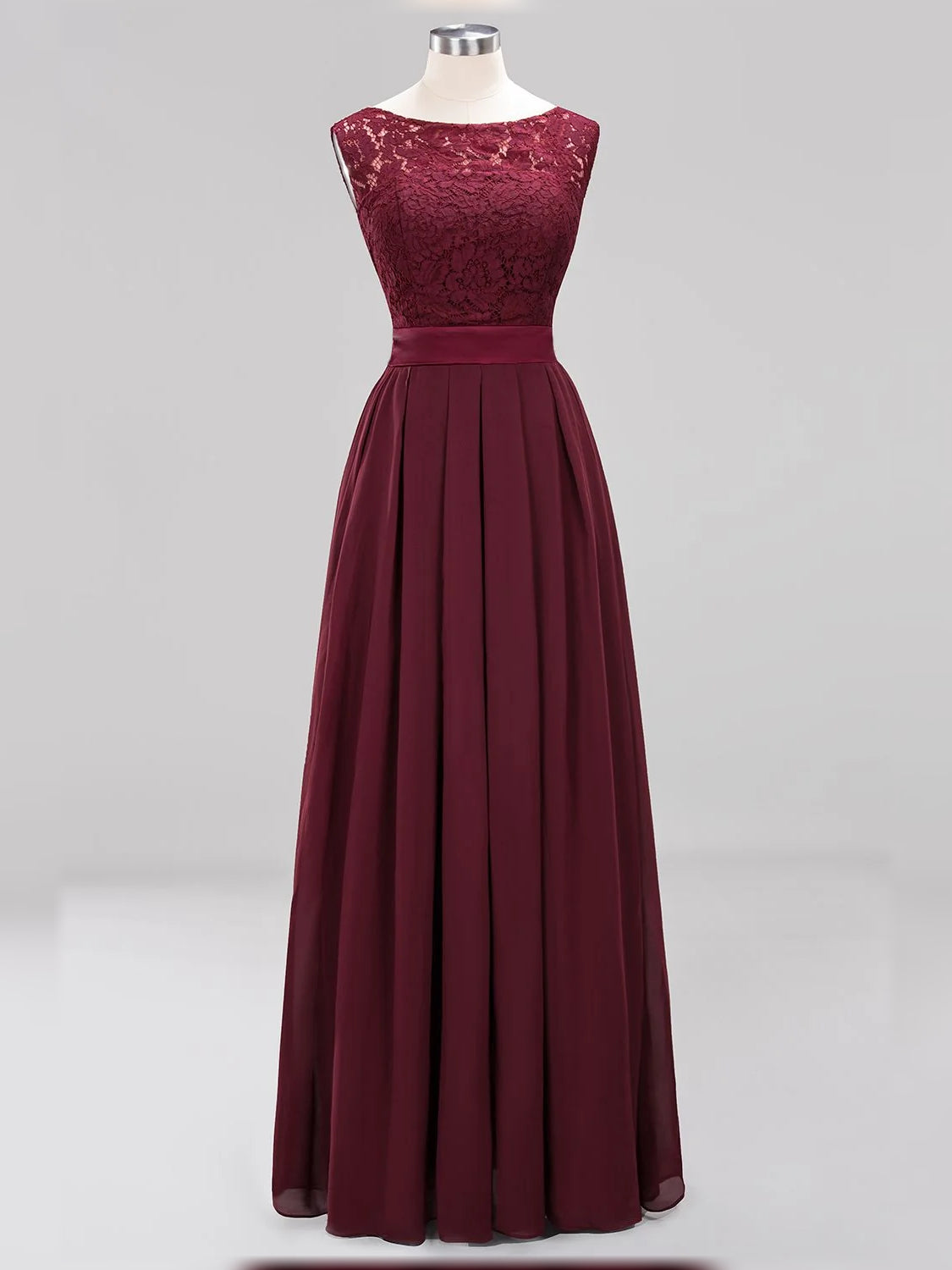 Burgundy floor-length bridesmaid dress, alternate view showing the skirt and hem