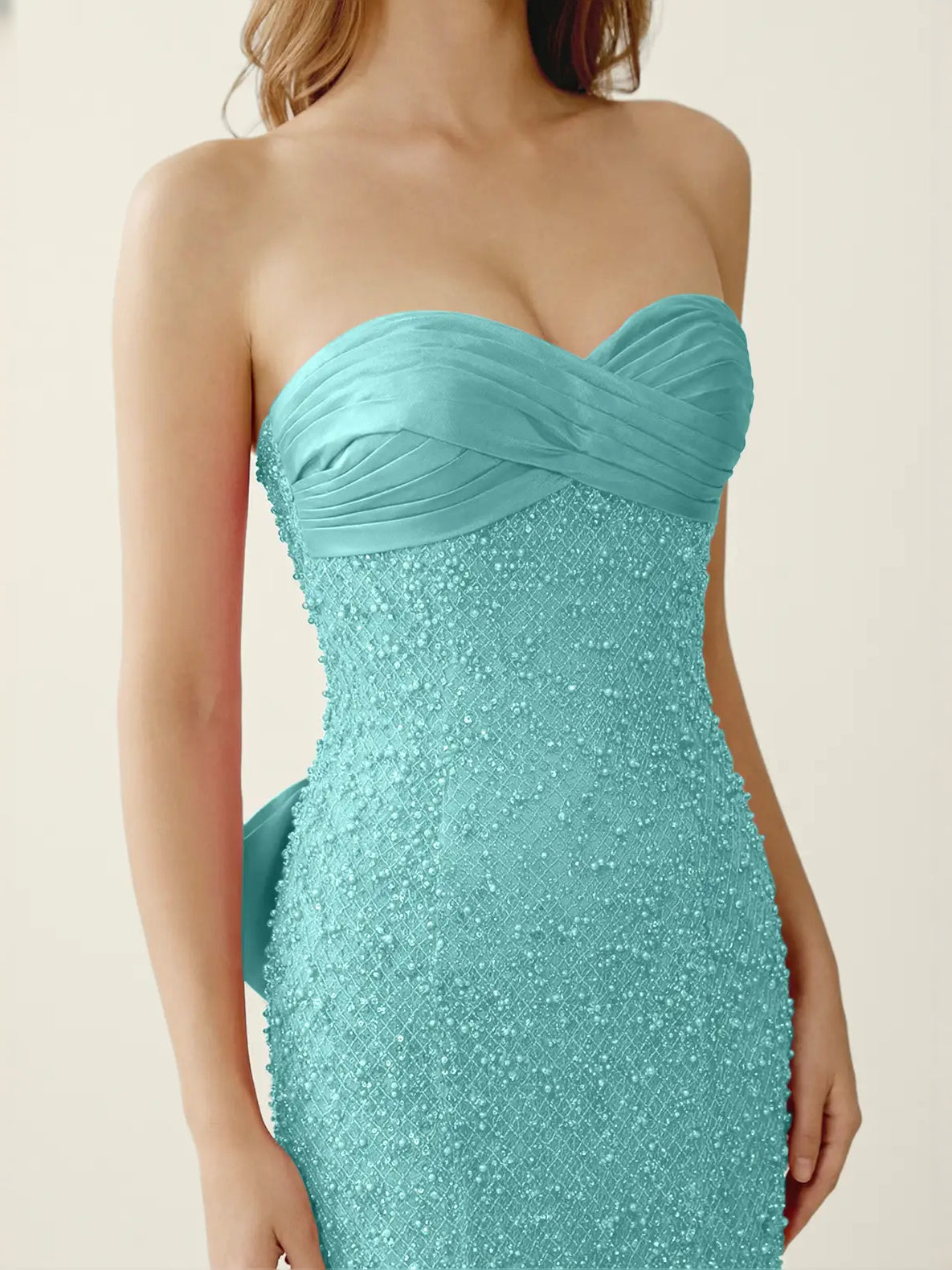 Aqua maxi prom dress, alternate view showing the skirt and hem