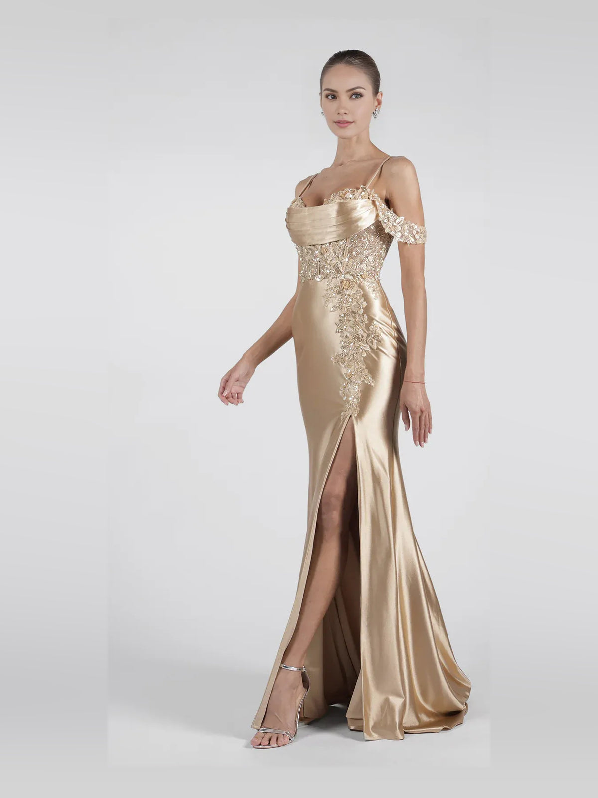 Champagne floor-length prom dress, alternate view showing the skirt and hem