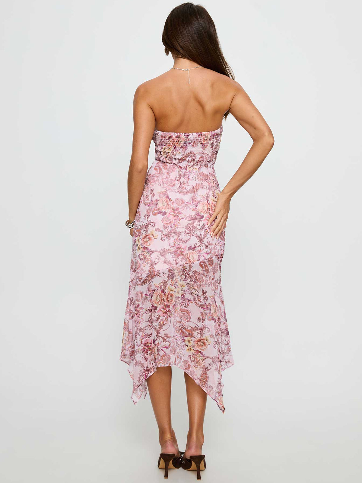 Paisley midi formal dress with strapless neckline, alternate view showing the skirt