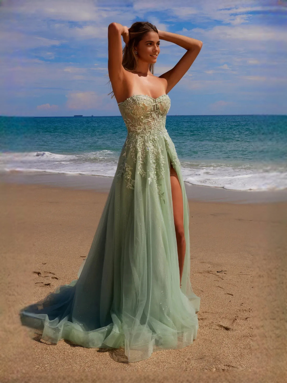 Dusty Sage maxi prom dress, alternate view showing the skirt and hem