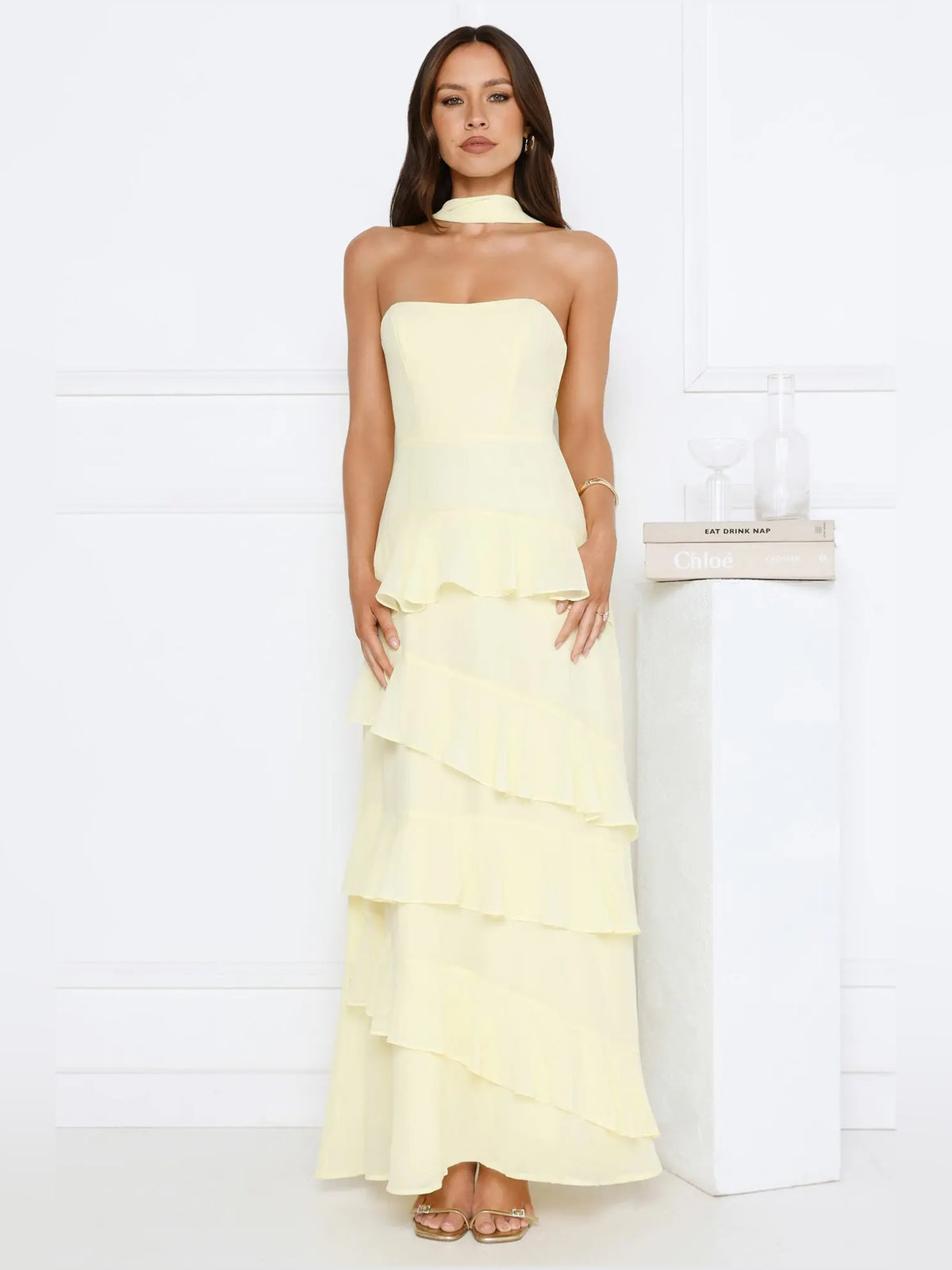 Yellow a-line maxi formal dress with tiered skirt, alternate view showing the skirt