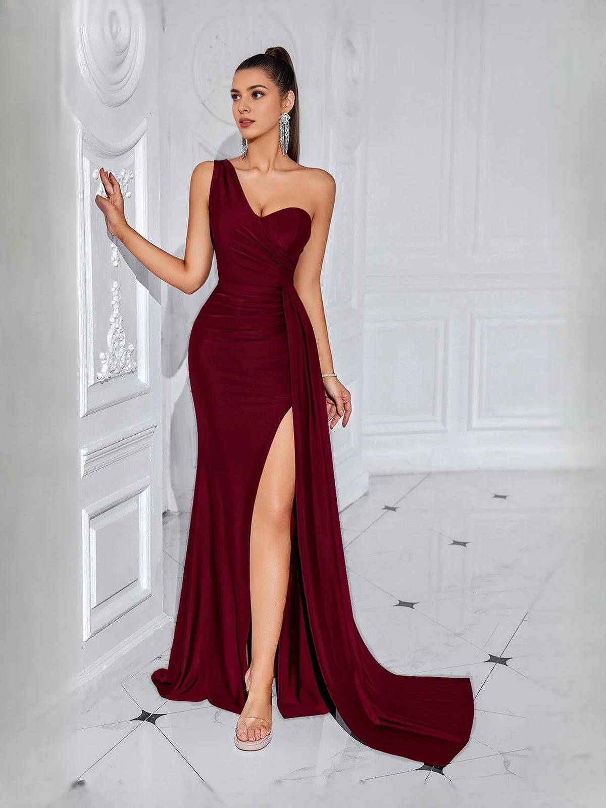Wine floor-length prom dress, alternate view showing the skirt and hem
