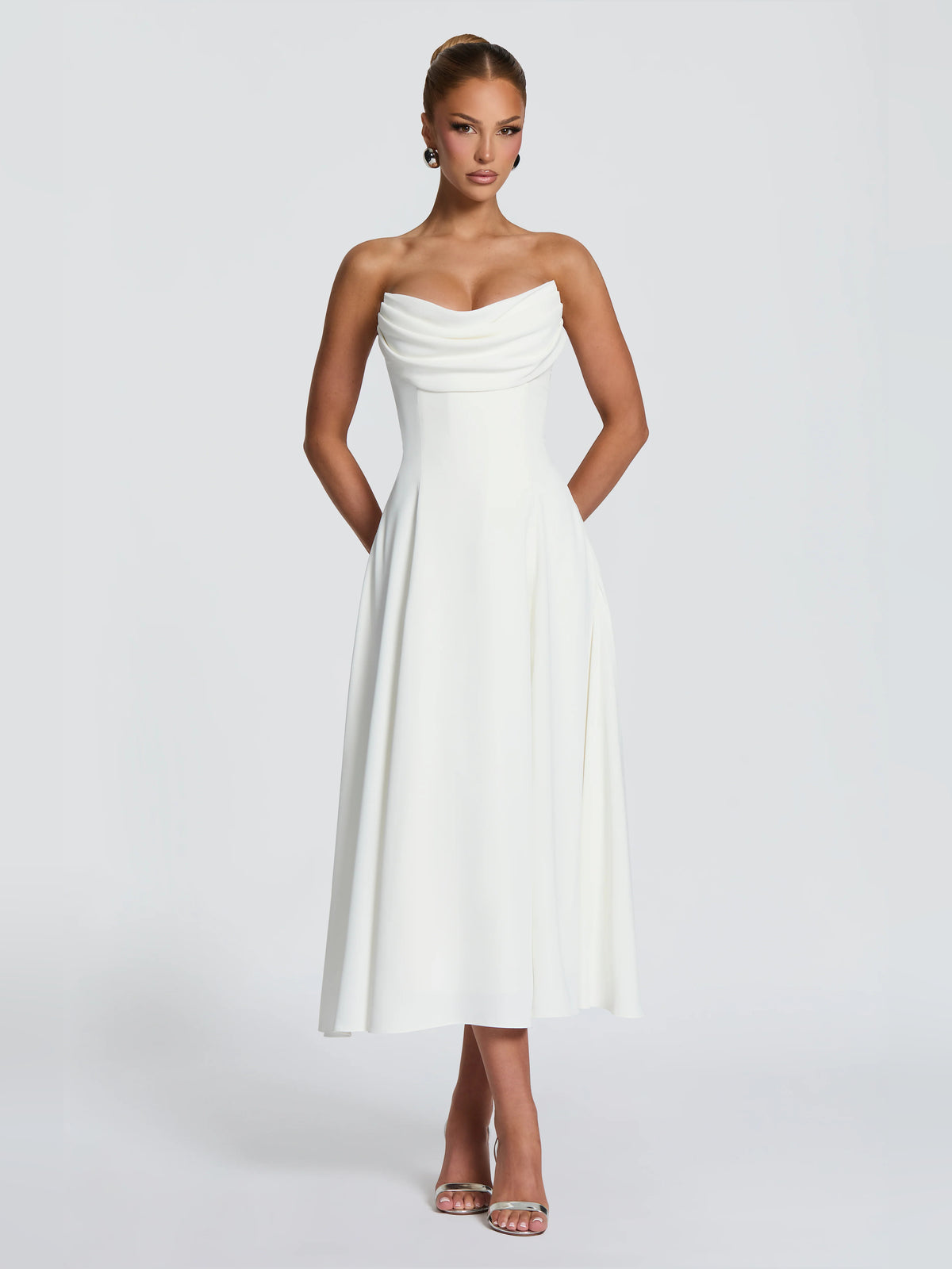 Ivory midi formal dress, alternate view showing the skirt
