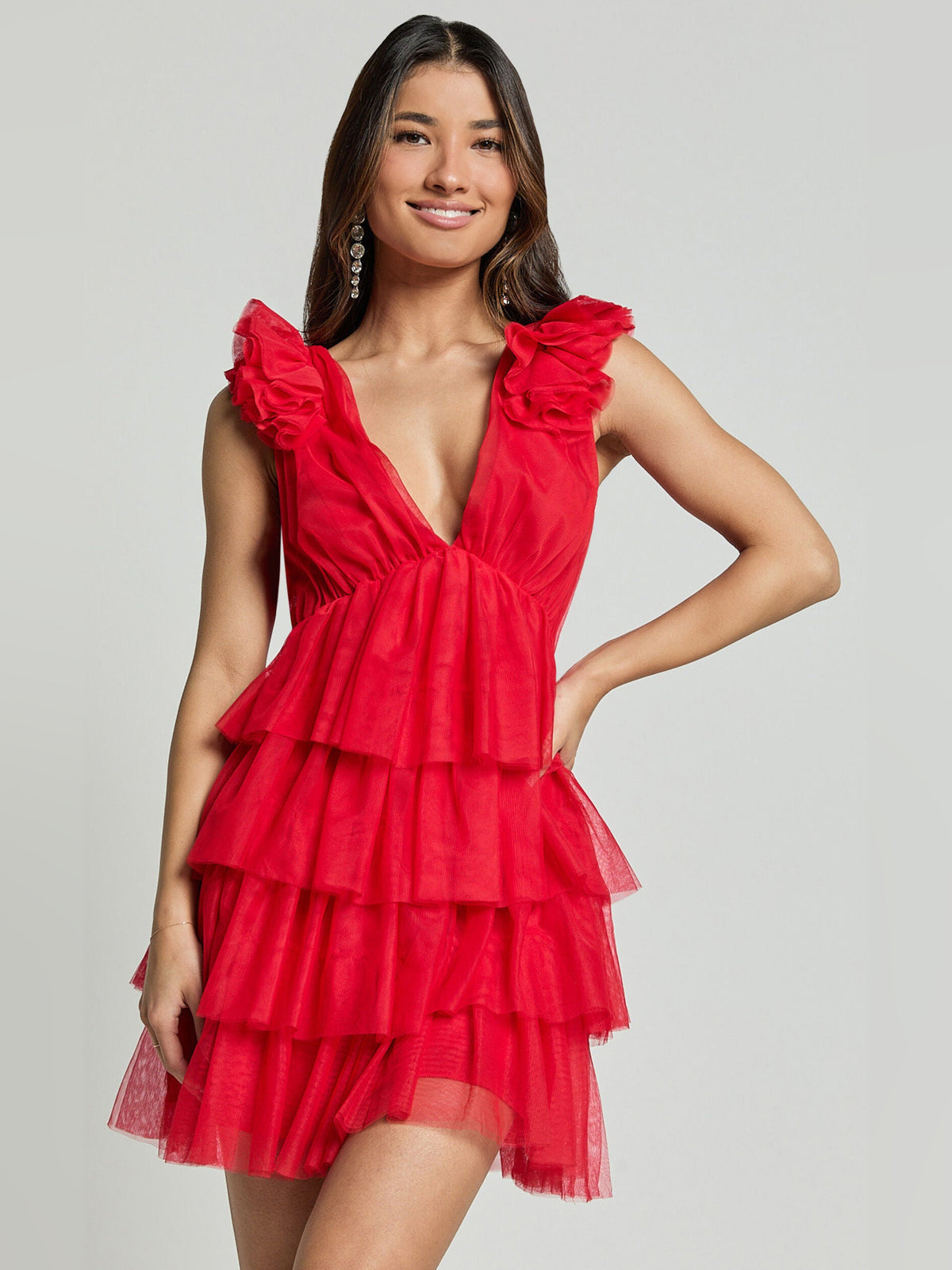 Red mini homecoming dress, alternate view showing the skirt and hem