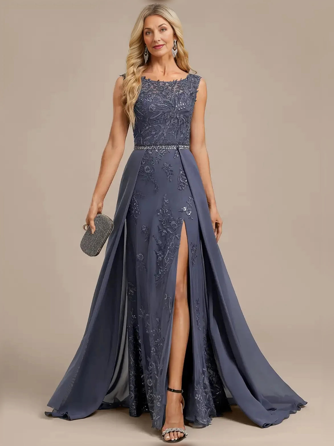 Dusty Blue floor-length mother of the bride dress, alternate view showing the skirt and hem