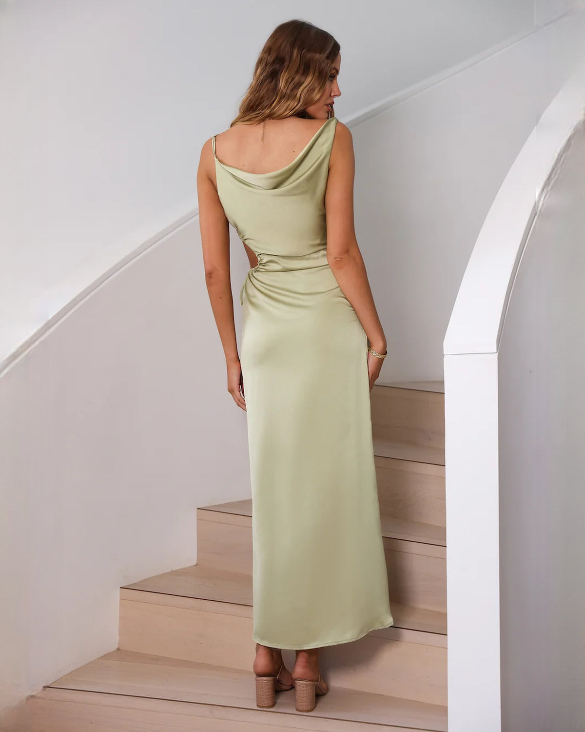 sleeveless satin a-line maxi bridesmaid dress - image 5