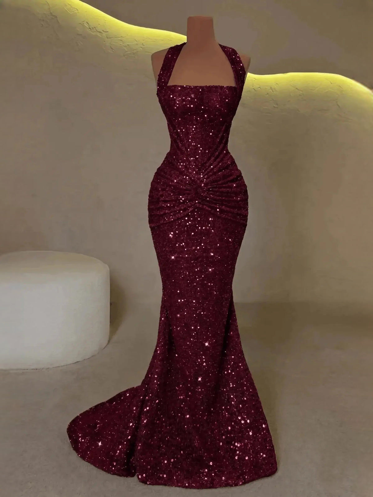 Burgundy floor-length prom dress, alternate view showing the skirt and hem