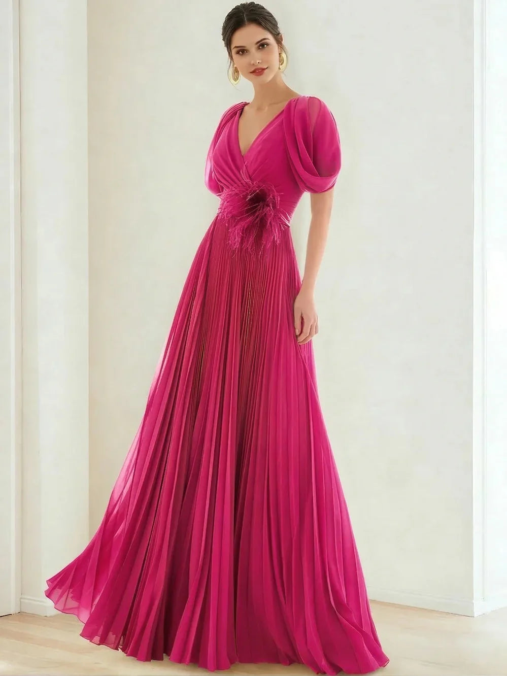 Fuchsia a-line floor-length formal dress with pleated skirt, alternate view