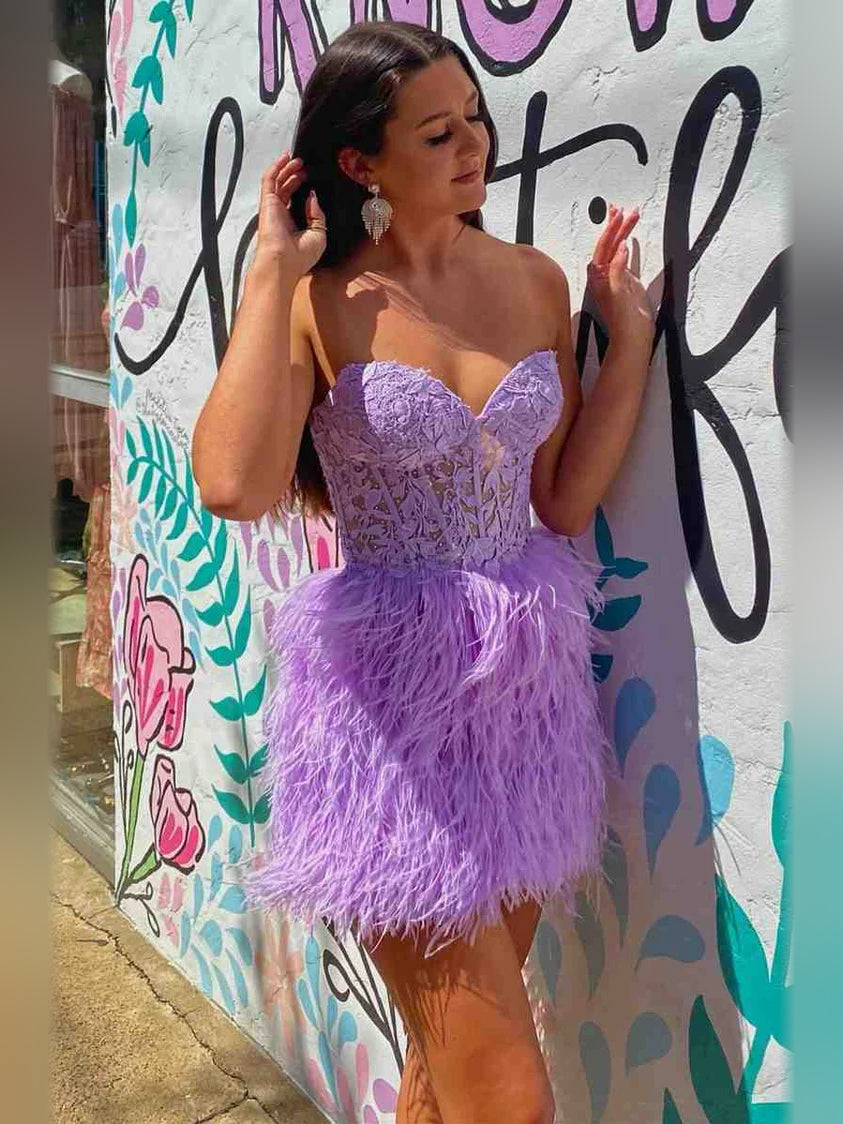 Lilac mini homecoming dress, alternate view showing the skirt and hem