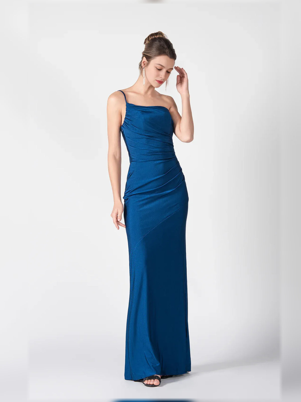 Dark Blue mermaid floor-length formal dress with ruching, alternate view showing the skirt