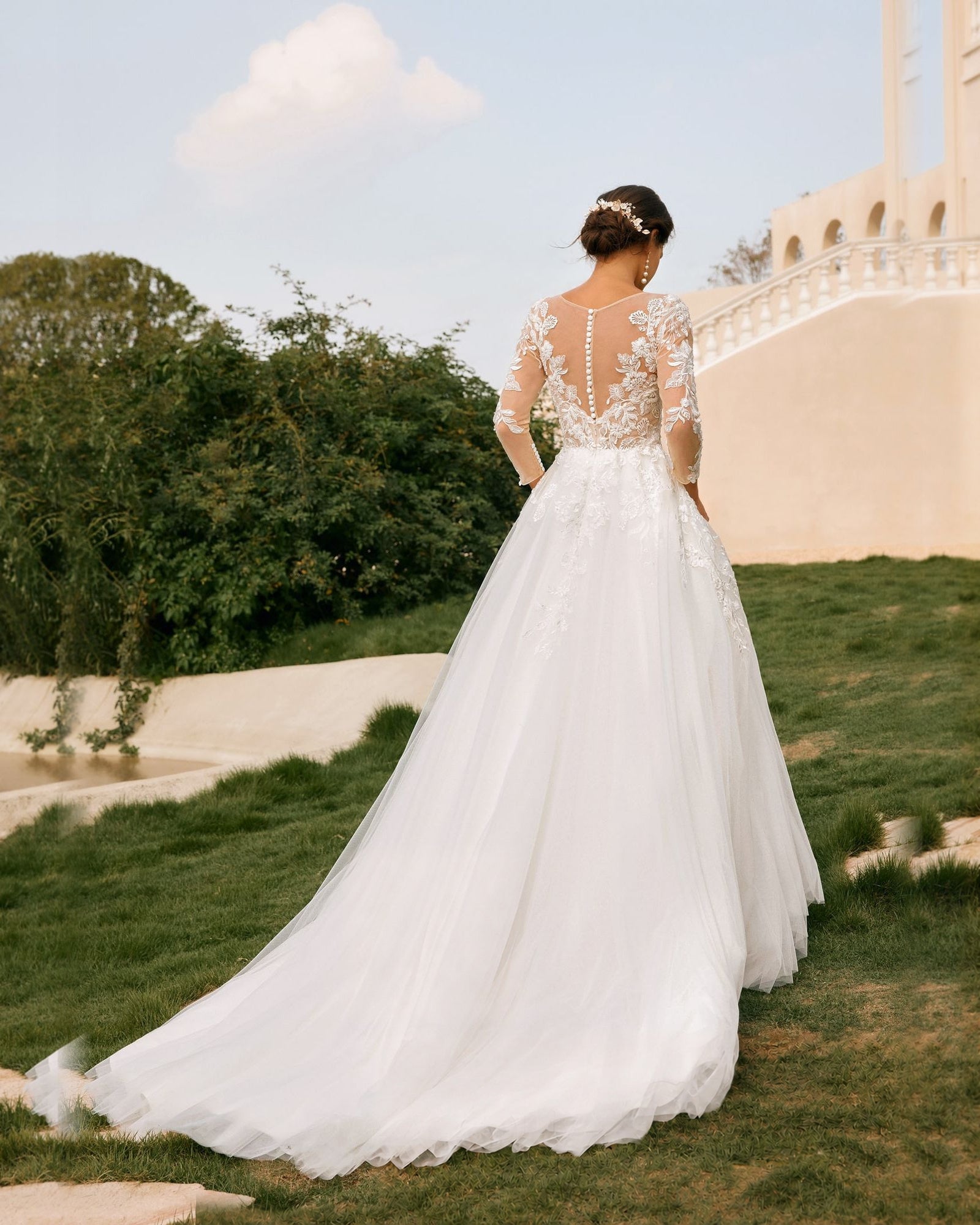 bateau neck lace sleeve tulle a-line wedding dress - image 6