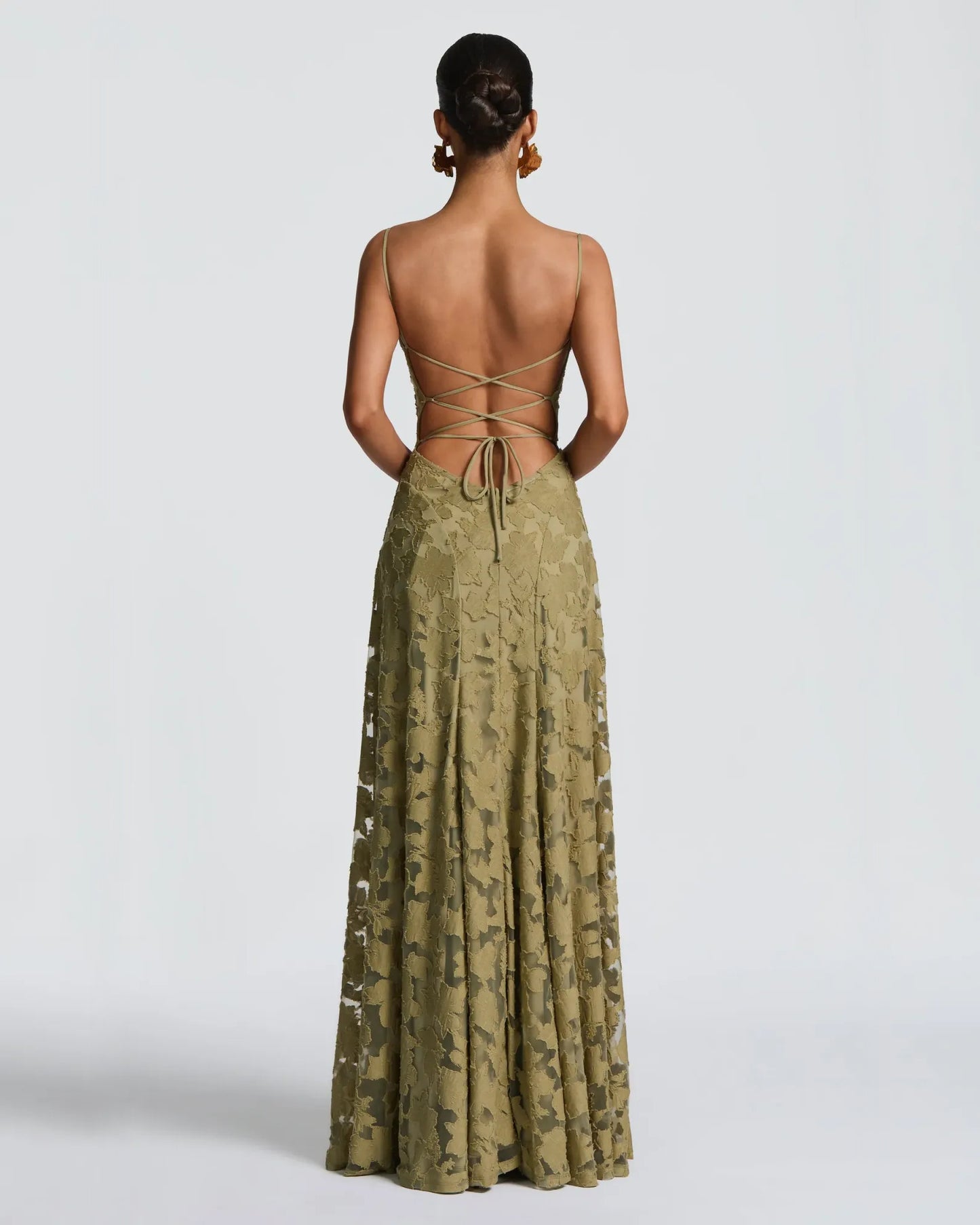 green brown cowl neck floral lace A-line formal dress with lace-up back - image 6